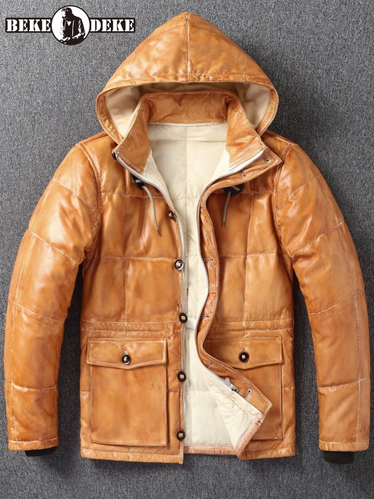 Leather Work Jacket With Hood - 冬メンズシープスキン本革ダウンジャケット厚く暖かいシングルブレスト帽子取り外し可能なフード付きコートヴィンテージワークオーバーコート
