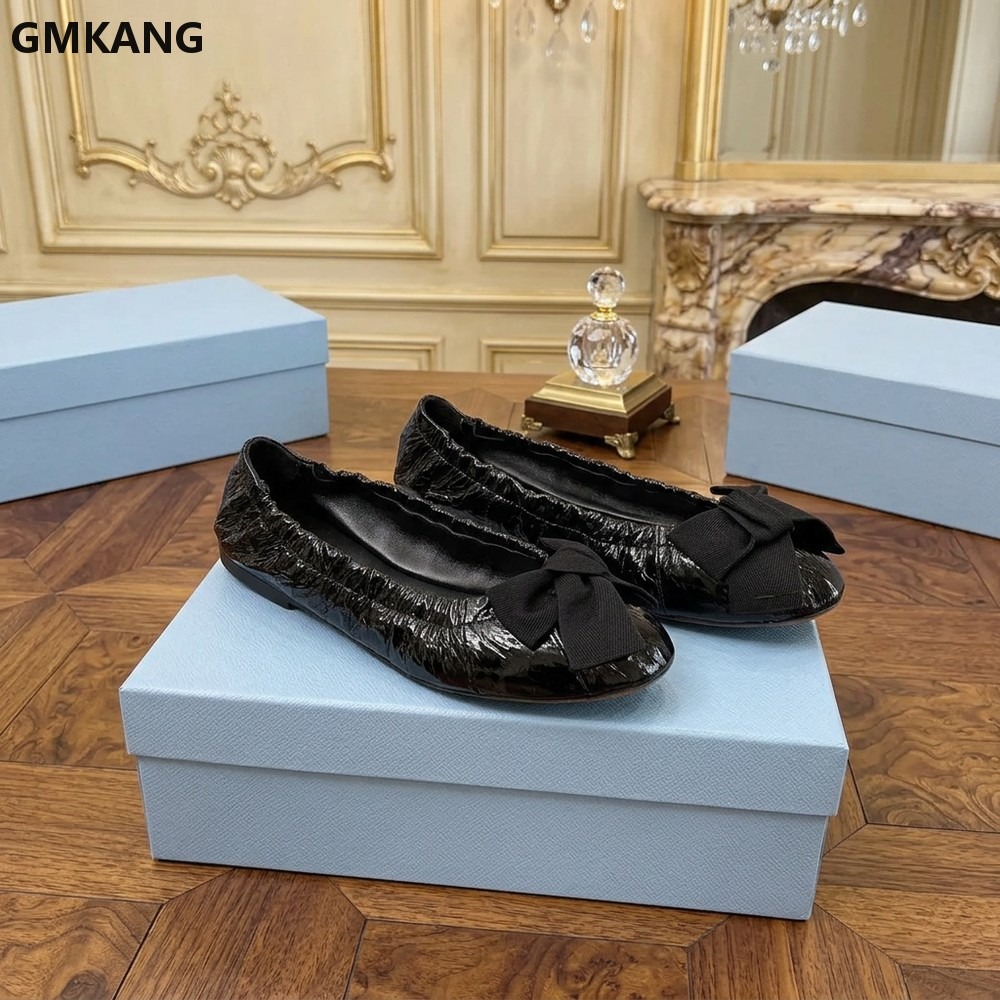 Leather Work Women Shoes - レディース バレエシューズ リボン付き プリーツ カジュアル ドレスシューズ