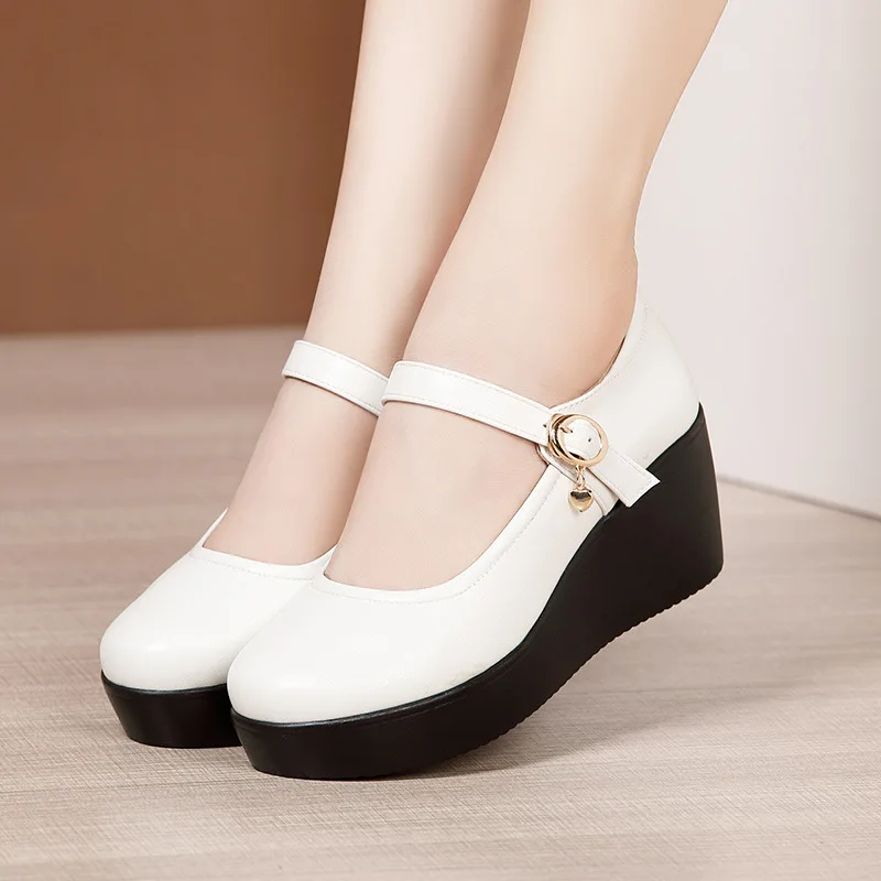 Leather Work Women Shoes - 6cmヒール、小さめサイズ（32-43）、ヴィンテージ風、浅履き、通気性の良いソフトレザー、メリージェーン、2025年秋、レディース、フラットプラットフォームシューズ、オフィスワーク、ママ向け
