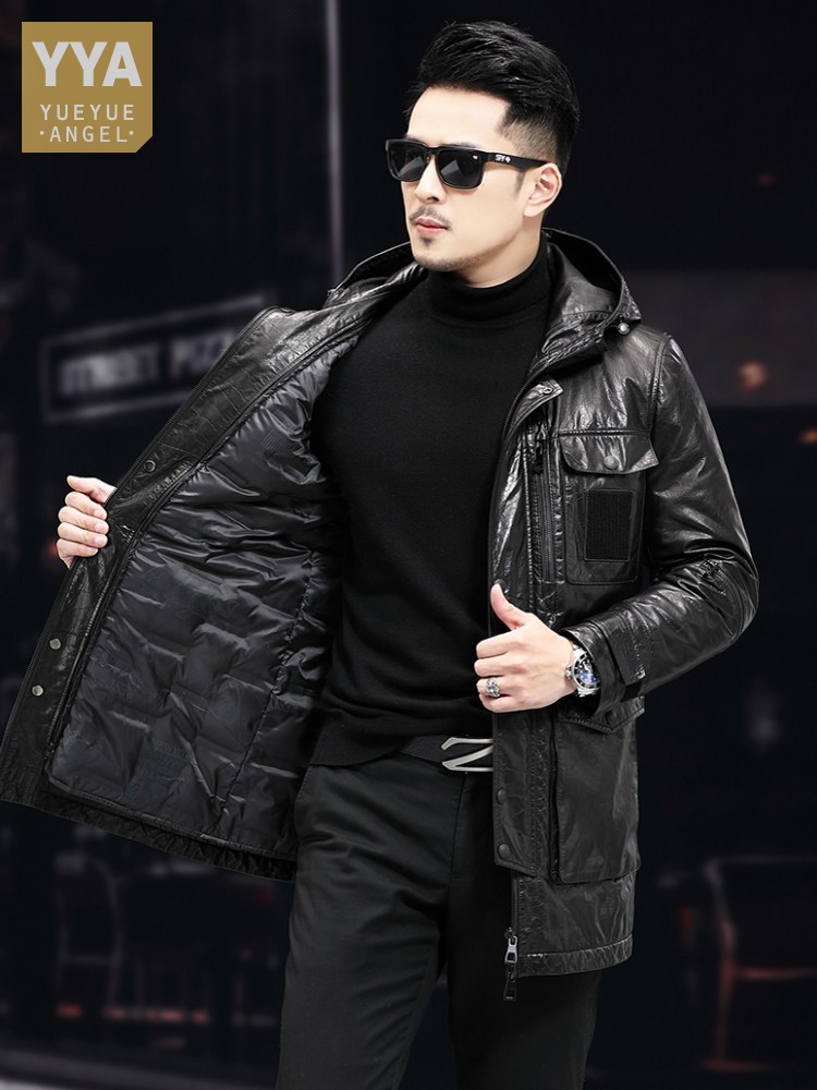 Leather Work Jacket With Hood - メンズ冬用暖かいミドル丈オイルワックス牛革フード付きワークダウンコート厚手暖かいオーバーコートビジネスマン高級本革ジャケット