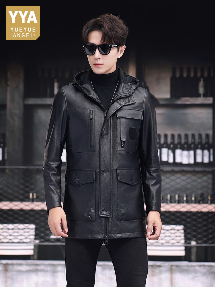 Leather Work Jacket With Hood - 冬のビジネスメンズワークミッドロングダウンジャケットフード付き牛革本革コートスリムフィットマルチポケットウインドブレーカーオーバーコート7XL