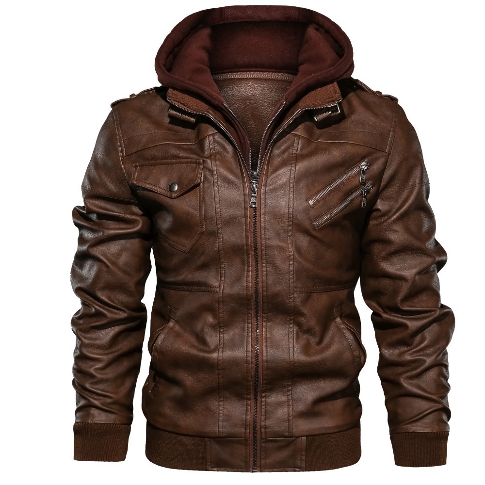 Leather Work Jacket With Hood - メンズ フード付きコート PUジャケット ジッパー スリムフィットコート ジッパー