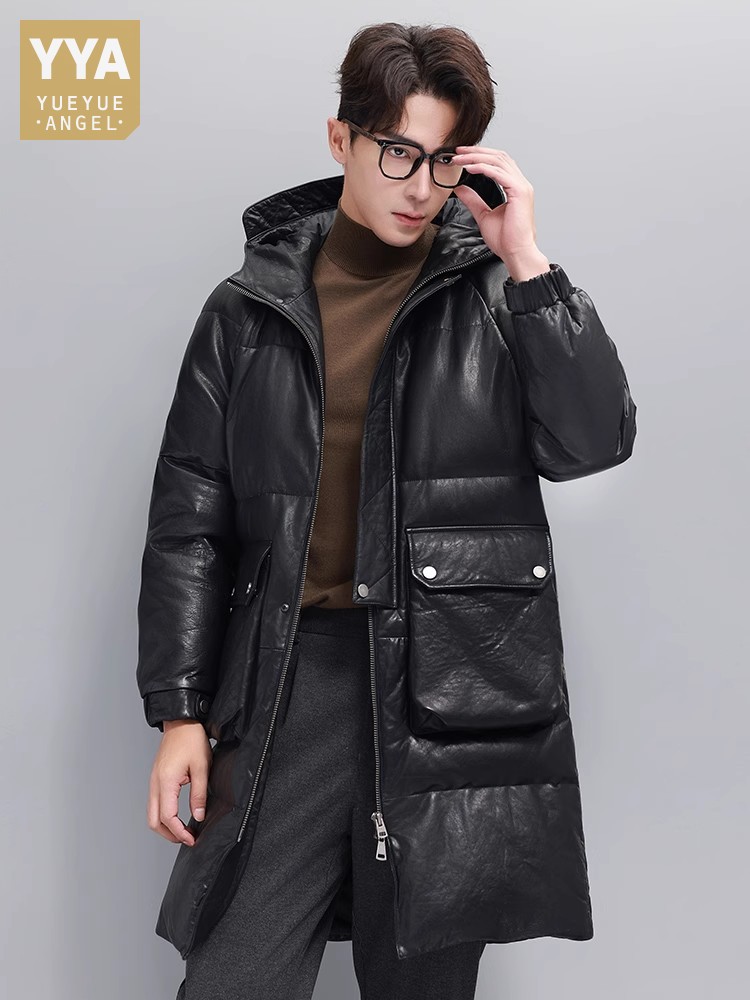 Leather Work Jacket With Hood - 冬メンズ暖かいグースダウンジャケットフード付きロングオーバーコートポケット本物のシープスキンジャケットビジネスワーク本革生き抜くコート