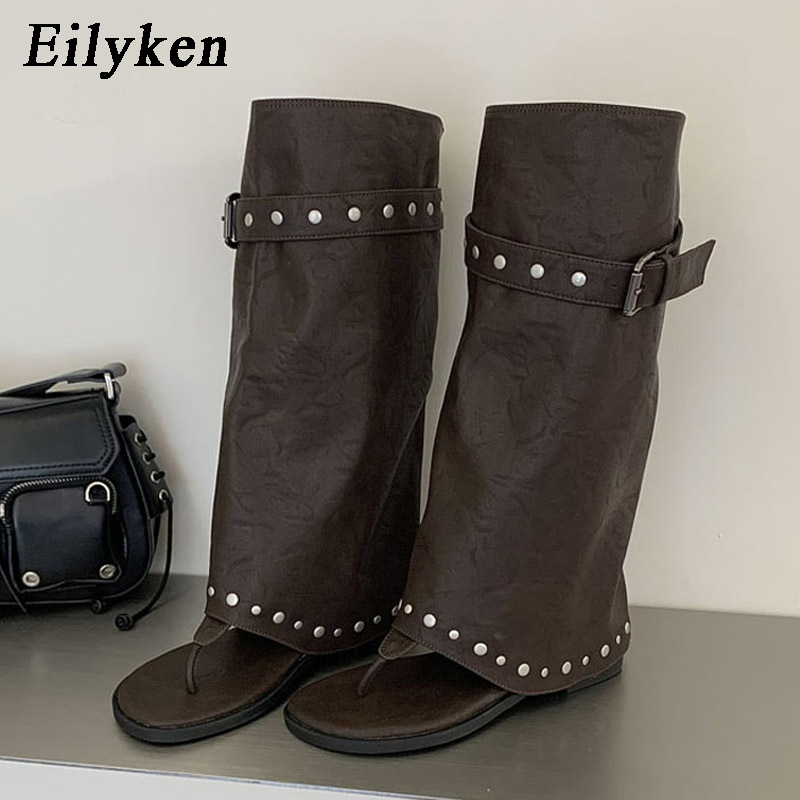 Belt Buckle Blank - Eilyken ヴィンテージ快適なローヒールラウンドクリップトゥ女性ニーハイブーツサンダルデザイナーリベットベルトバックル夏の靴