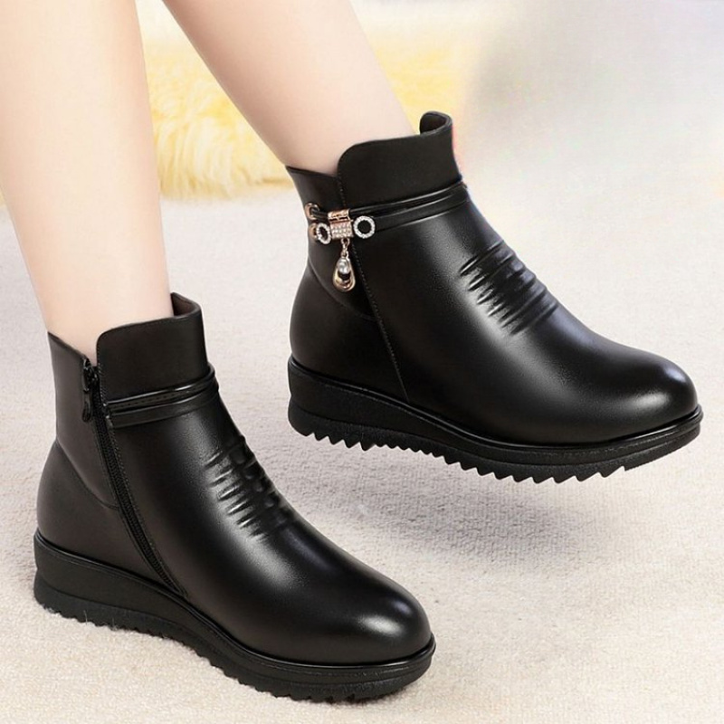Leather Work Women Shoes - 2025年冬 厚底ヒール レディース 暖かいブーツ - ファー付き