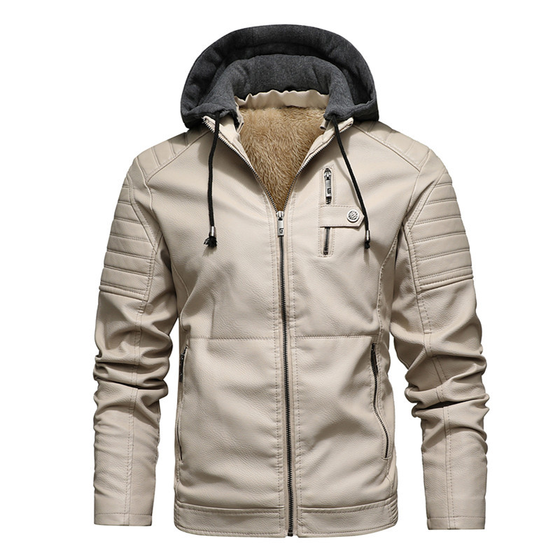 Leather Work Jacket With Hood - メンズ フード付きコート 厚手 暖かい PUジャケット ジッパー
