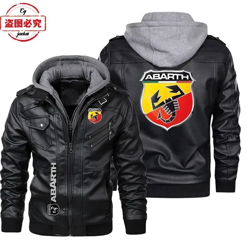 Leather Work Jacket With Hood - ヨーロッパサイズ レザージャケット ABARTH 車ロゴ レトロ ウォッシュ加工