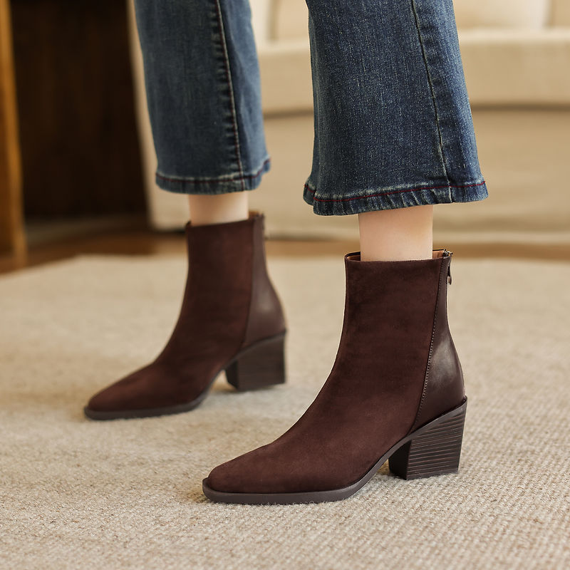 Leather Work Women Shoes - 2027年新作ブランド 本革ブーツ レトロハイヒール アンクルブーツ レディースシューズ バックジッパー