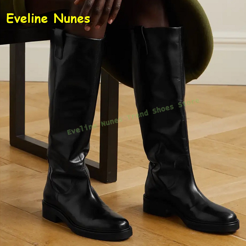 Leather Work Women Shoes - 黒革ニーハイライディングブーツ レディース ラウンドトゥチャンキーヒール トールブーツ オフィスワークや普段使いのカジュアルウェア 夏向け