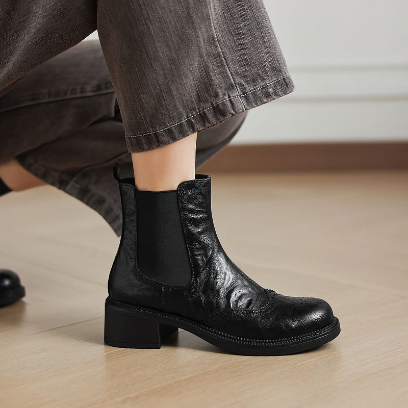 Leather Work Women Shoes - 新作秋ブーツ レディース スプリットレザーシューズ ラウンドトゥ チャンキーヒール レディースブーツ