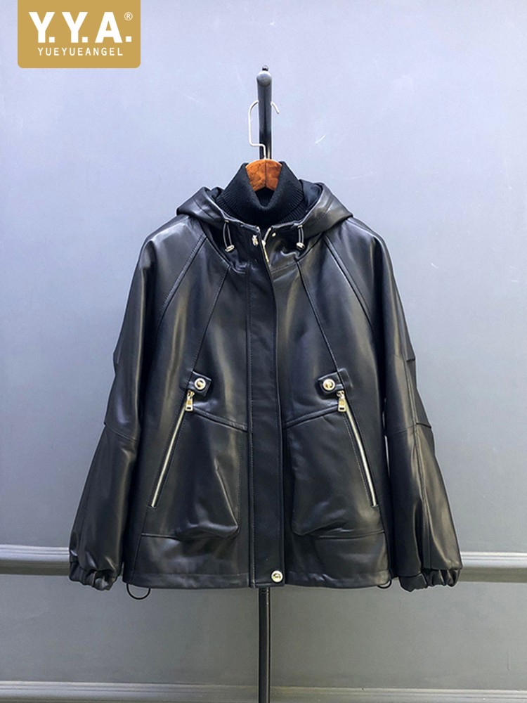 Leather Work Jacket With Hood - ホット販売秋の女性の天然羊皮フード付きショートジャケットオーバーコートジッパールーズフィットワークレディカジュアル本革アウター
