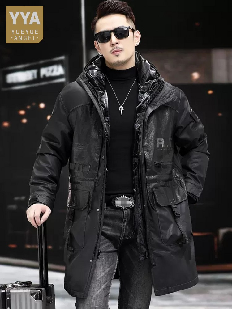Leather Work Jacket With Hood - 冬の本革コート男性フード付き取り外し可能なダウンライナージャケットルーズフィット厚く暖かいロング牛革ウインドブレーカーワークジャケット