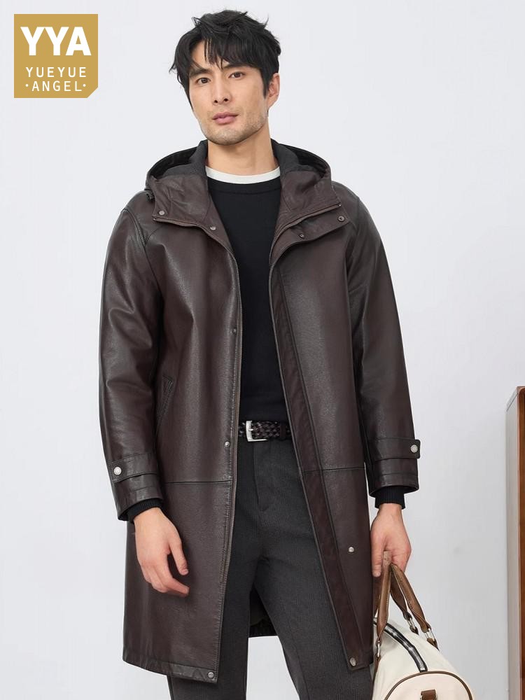 Leather Work Jacket With Hood - ファッションメンズ秋の新作フード付き牛革本革ロングジャケットヴィンテージルーズフィットビジネスカジュアルワークウインドブレーカートレンチコート