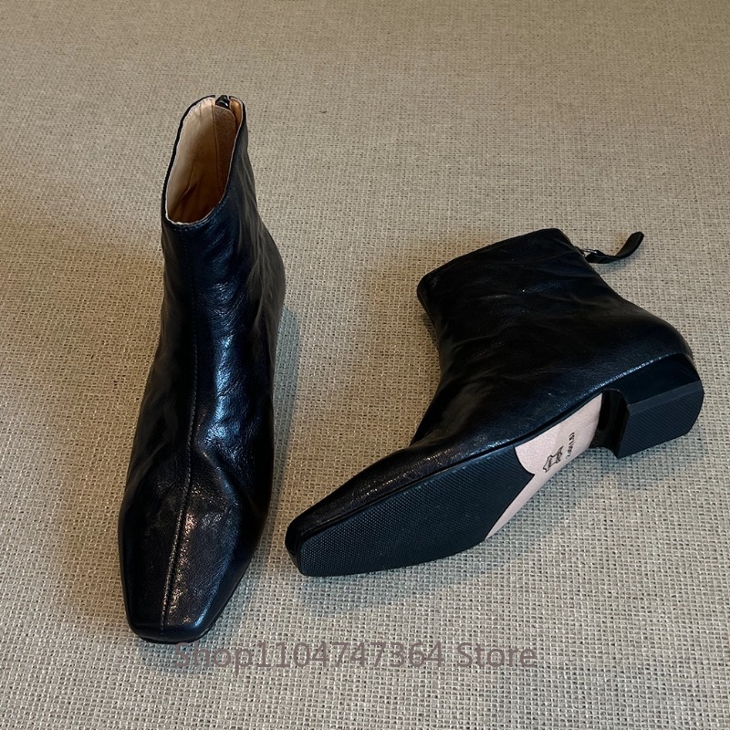 Leather Work Women Shoes - シープスキン レトロ フレンチ スクエアトゥ アンクルブーツ レディースシューズ