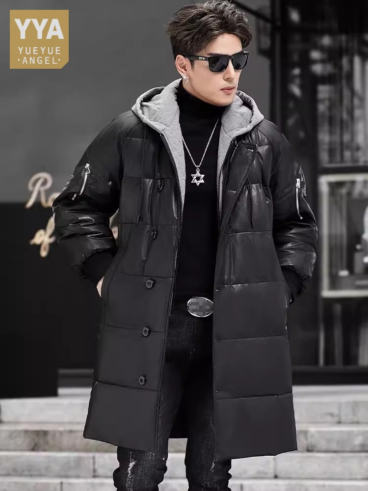 Leather Work Jacket With Hood - 冬の新作 メンズ フード付き ロング丈 本革 ダウンジャケット