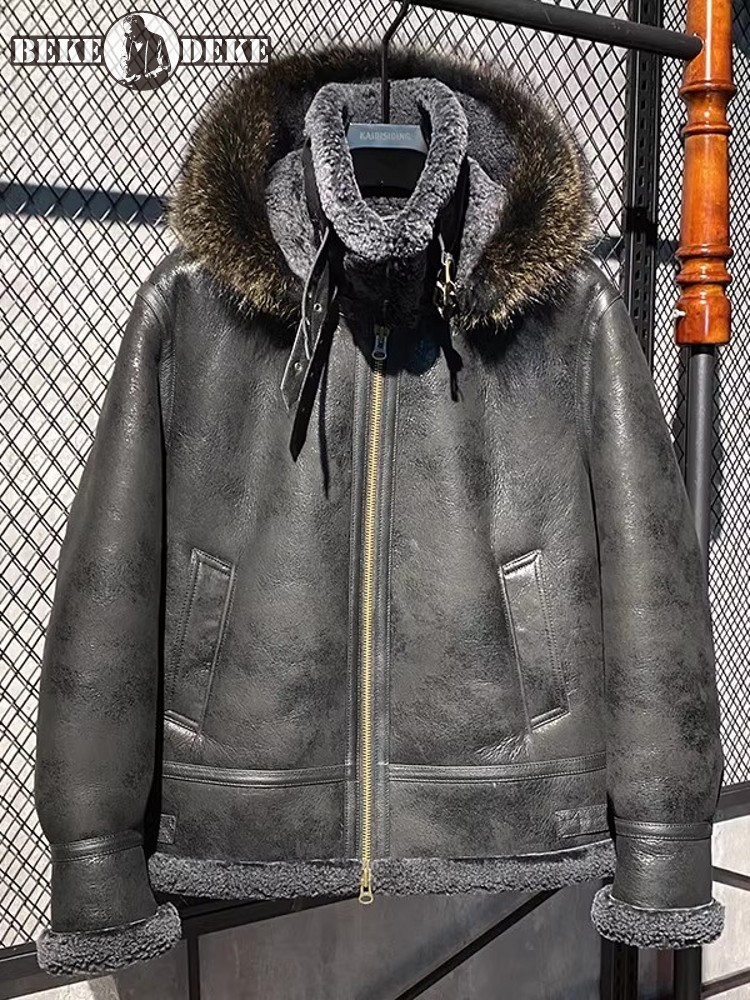 Leather Work Jacket With Hood - 男性冬暖かいウール裏地シープスキン本革ジャケットフード付き天然ムートンオーバーコート本物の羊の毛皮作業アウターコート