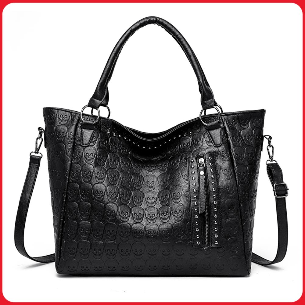 Leatherwork Rivets - パンクスカルクロスボディバッグ PU レザースタッズファッションハンドバッグ大容量サッチェル財布女性用仕事ショッピング