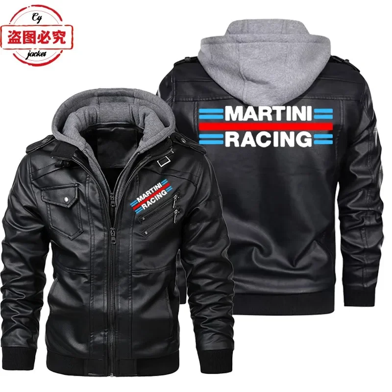 Leather Work Jacket With Hood - マティーニレーシングロゴプリントレーシングスーツPUレザージャケット防風メンズフード付きレザージャケットチームユニフォーム作業服