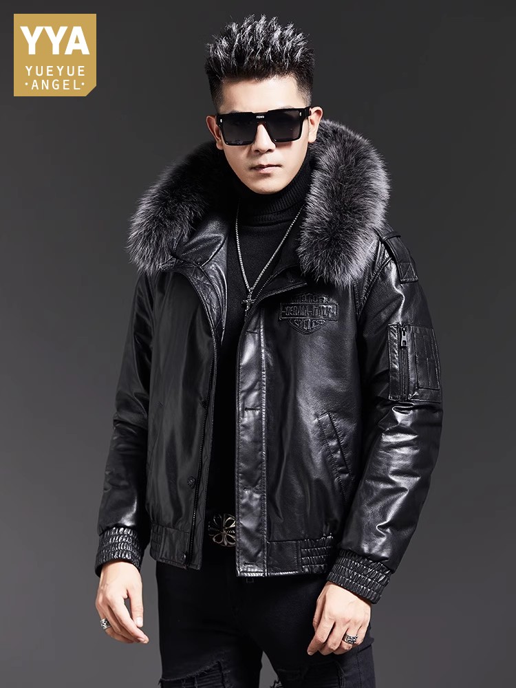 Leather Work Jacket With Hood - ファッションメンズ冬フォックスファー襟フード付きシープスキン本革ダウンジャケット暖かいビジネスカジュアルワークボンバージャケットオーバーコート