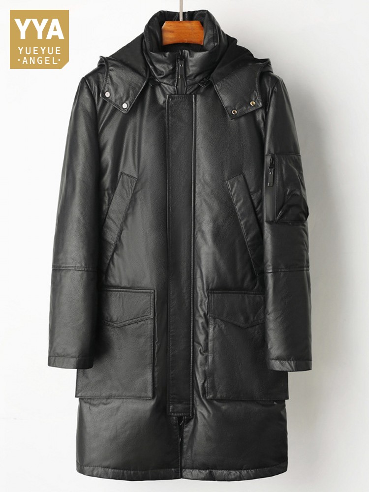 Leather Work Jacket With Hood - 冬の男性暖かい牛革本革ダウンジャケットフードビジネスカジュアルワークロングコートウインドブレーカートレンチオーバーコートビッグサイズ8XL