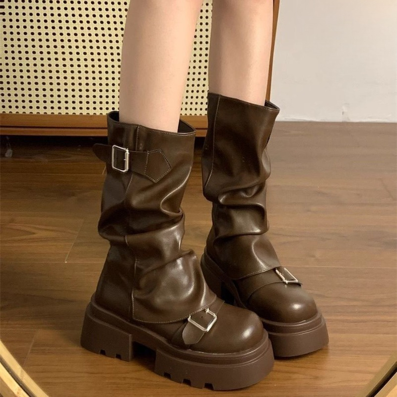 女性パンクミッドカーフブーツ秋のファッションスクエアトゥジッ - Belt Buckle Blank のレビューと価格