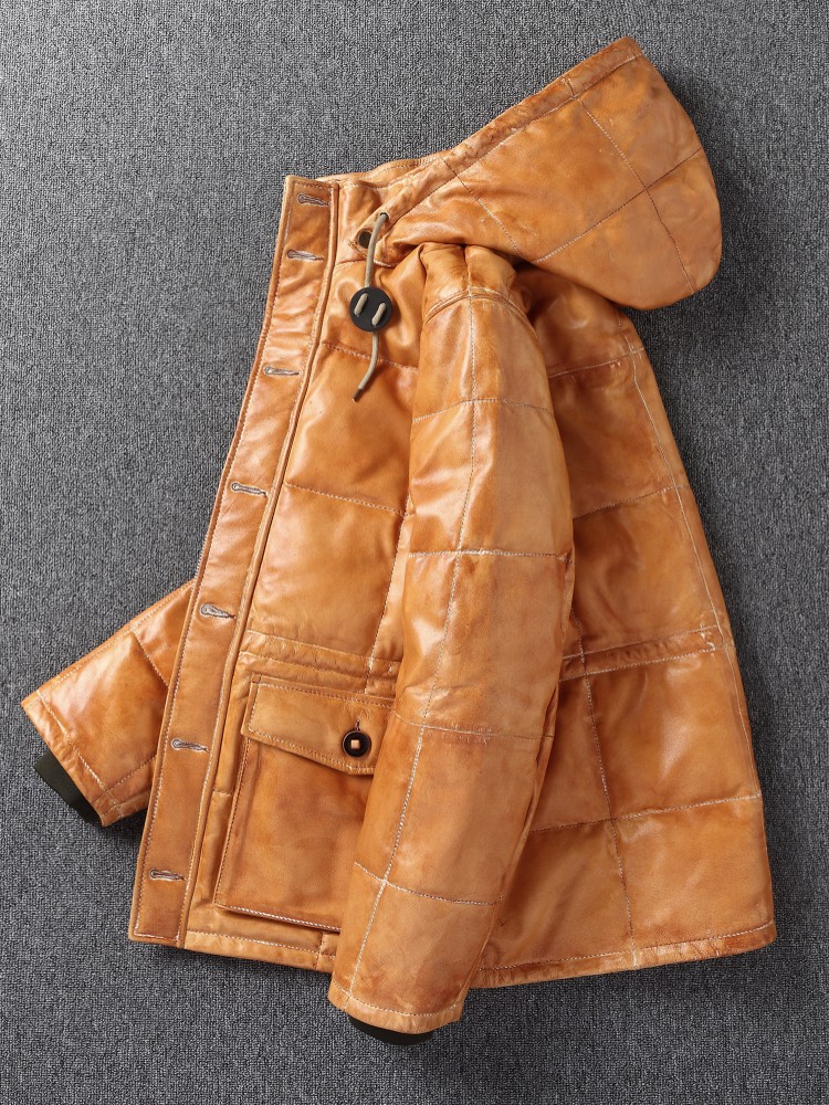 冬メンズシープスキン本革ダウンジャケット厚く暖かいシングルブ - Leather Work Jacket With Hood のレビューと価格
