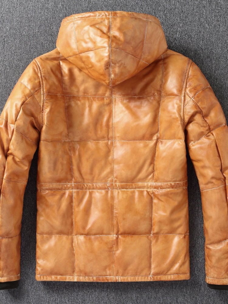 冬メンズシープスキン本革ダウンジャケット厚く暖かいシングルブ - Leather Work Jacket With Hood のレビューと価格