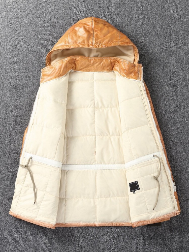 冬メンズシープスキン本革ダウンジャケット厚く暖かいシングルブ - Leather Work Jacket With Hood のレビューと価格