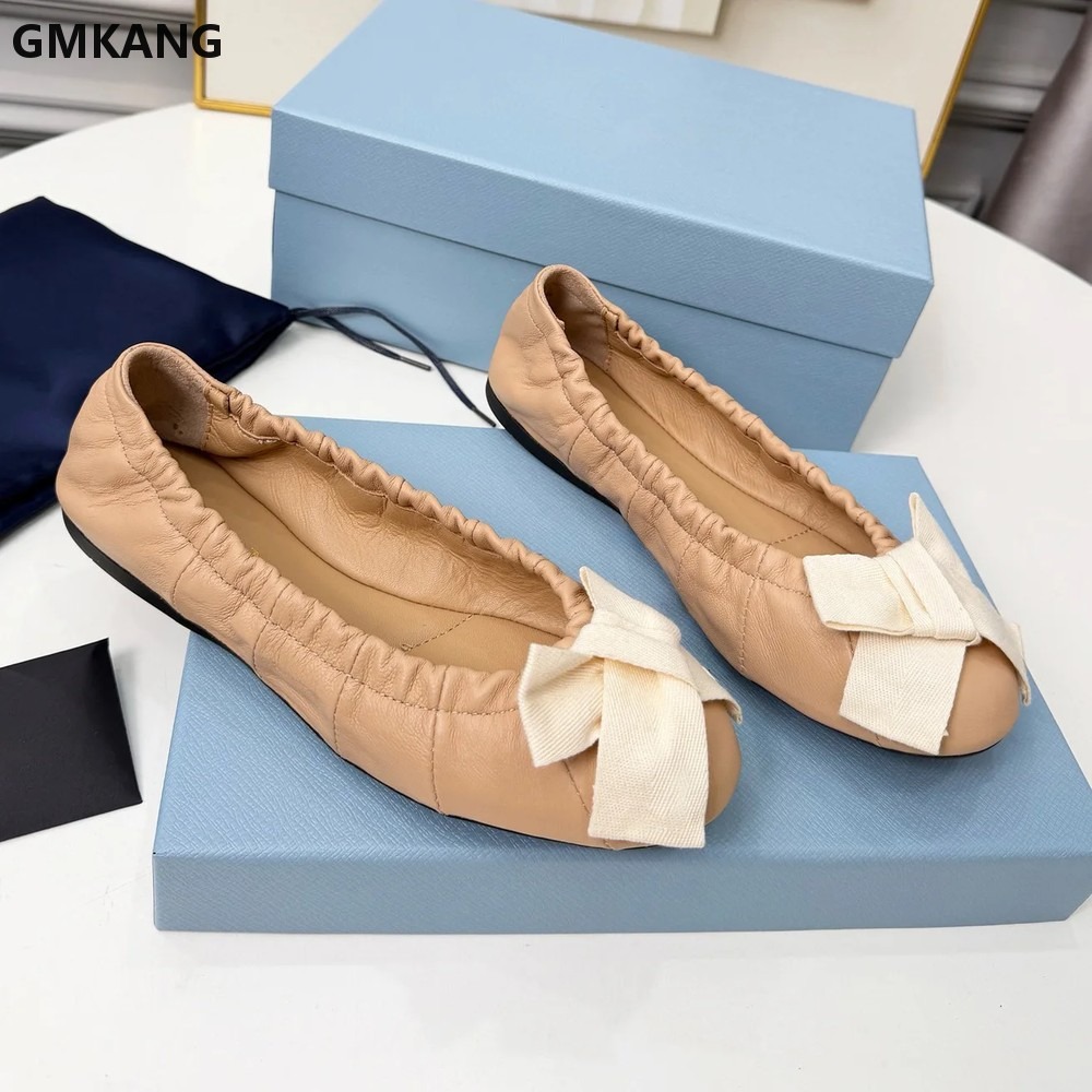 レディース バレエシューズ リボン付き プリーツ カジュアル - Leather Work Women Shoes のレビューと価格