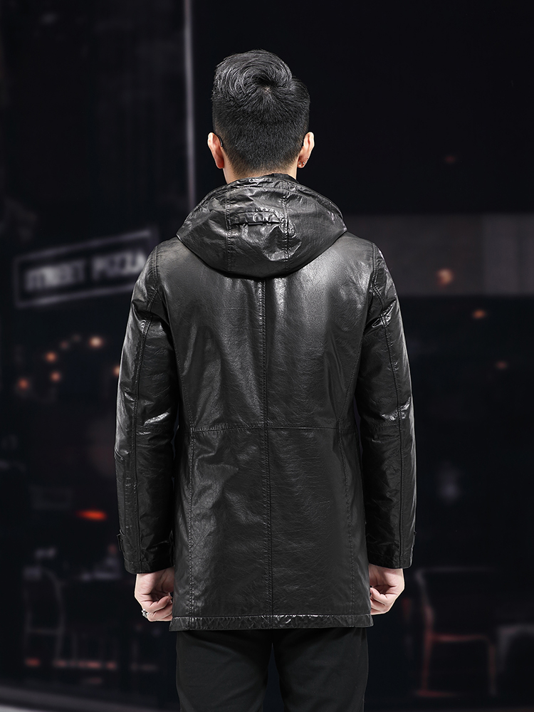 メンズ冬用暖かいミドル丈オイルワックス牛革フード付きワークダ - Leather Work Jacket With Hood のレビューと価格
