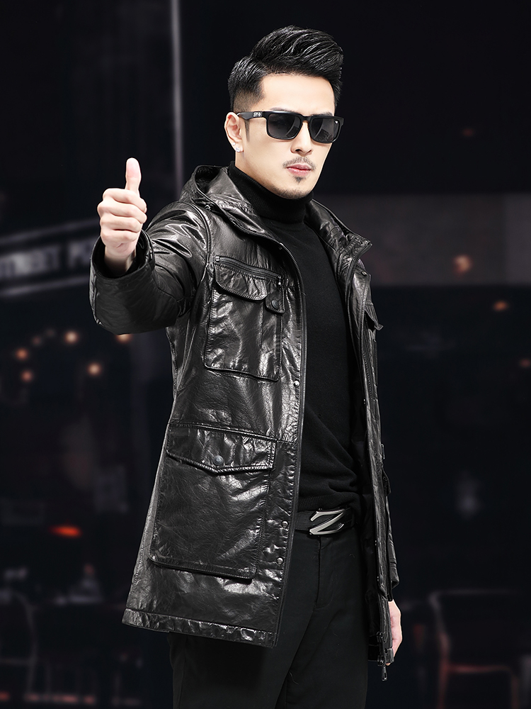 メンズ冬用暖かいミドル丈オイルワックス牛革フード付きワークダ - Leather Work Jacket With Hood のレビューと価格