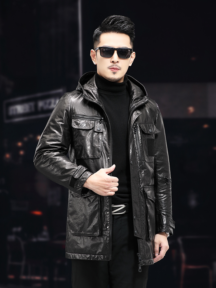 メンズ冬用暖かいミドル丈オイルワックス牛革フード付きワークダ - Leather Work Jacket With Hood のレビューと価格