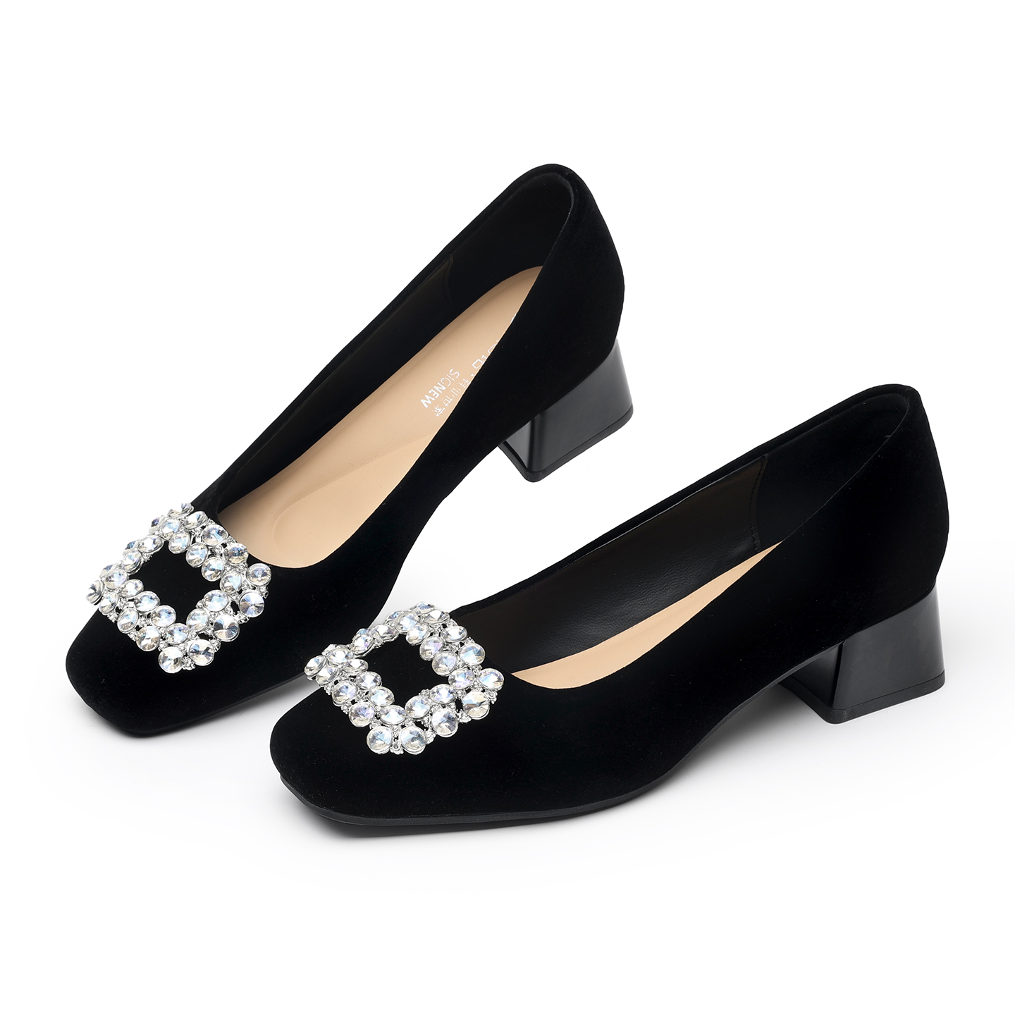 ラインストーンスクエアバックルチャンキーヒールレディースシュ - Leather Work Women Shoes のレビューと価格