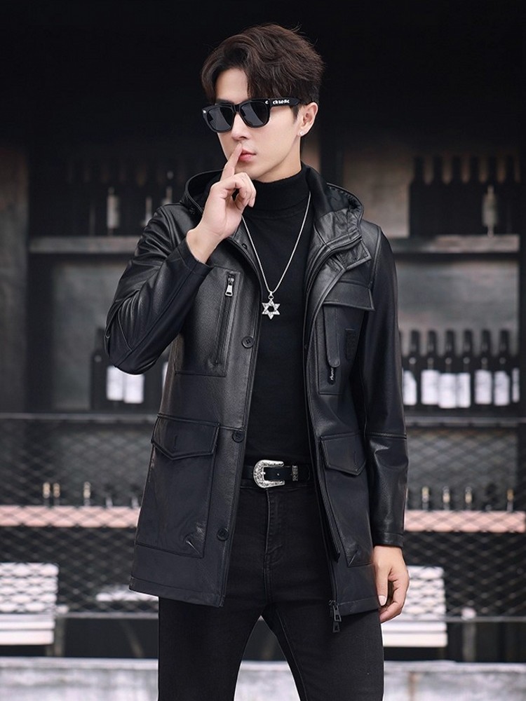 冬のビジネスメンズワークミッドロングダウンジャケットフード付 - Leather Work Jacket With Hood のレビューと価格