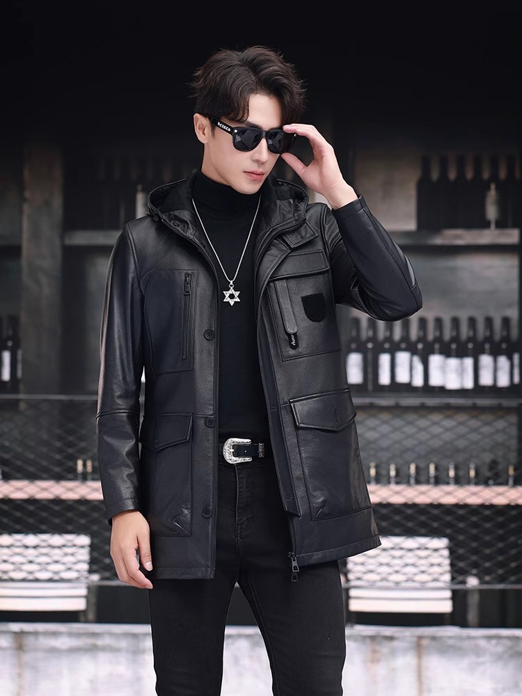 冬のビジネスメンズワークミッドロングダウンジャケットフード付 - Leather Work Jacket With Hood のレビューと価格