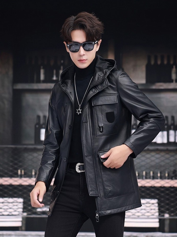 冬のビジネスメンズワークミッドロングダウンジャケットフード付 - Leather Work Jacket With Hood のレビューと価格