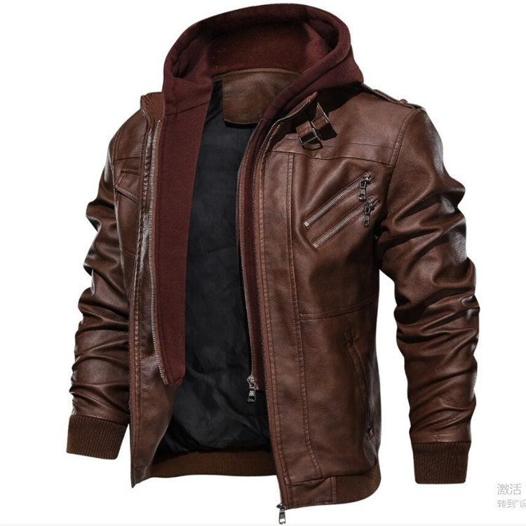 メンズ フード付きコート PUジャケット ジッパー スリムフ - Leather Work Jacket With Hood のレビューと価格
