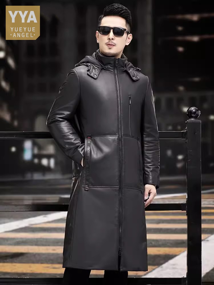 冬厚く暖かいロンググースダウンコートビジネスカジュアルワーク - Leather Work Jacket With Hood のレビューと価格