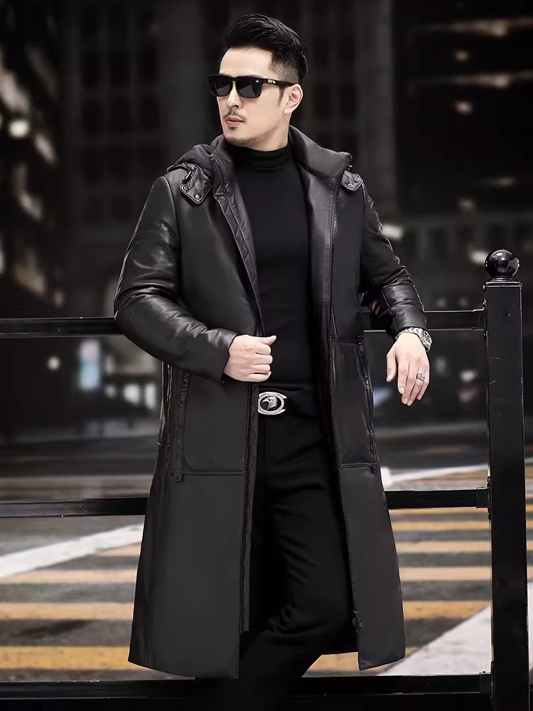 冬厚く暖かいロンググースダウンコートビジネスカジュアルワーク - Leather Work Jacket With Hood のレビューと価格