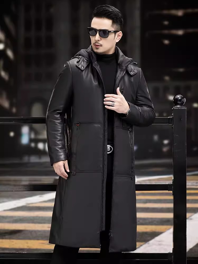 冬厚く暖かいロンググースダウンコートビジネスカジュアルワーク - Leather Work Jacket With Hood のレビューと価格