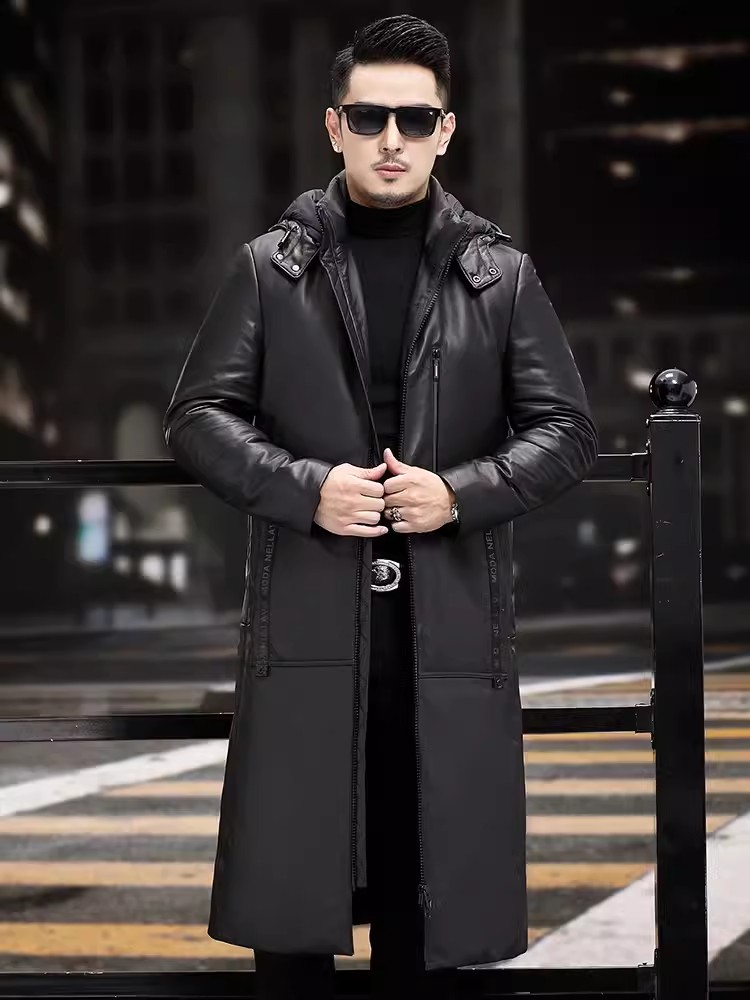 冬厚く暖かいロンググースダウンコートビジネスカジュアルワーク - Leather Work Jacket With Hood のレビューと価格