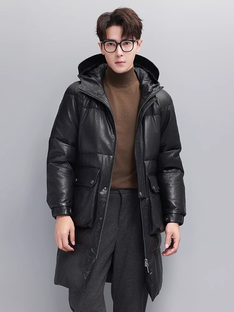 冬メンズ暖かいグースダウンジャケットフード付きロングオーバー - Leather Work Jacket With Hood のレビューと価格