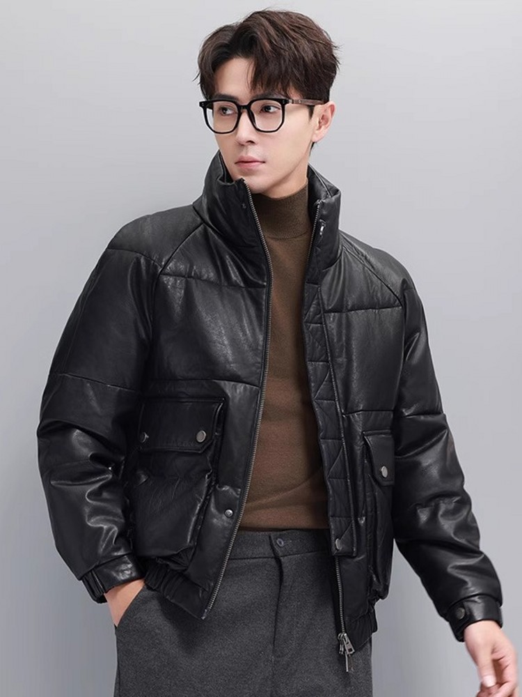 冬メンズ暖かいグースダウンジャケットフード付きロングオーバー - Leather Work Jacket With Hood のレビューと価格