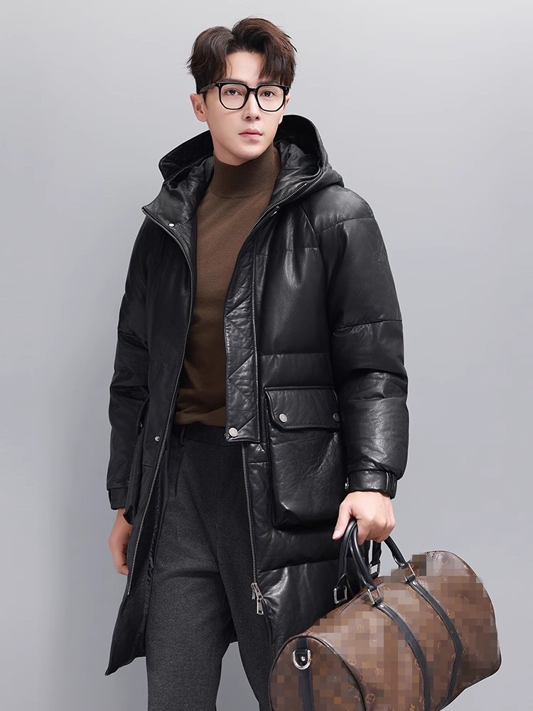 冬メンズ暖かいグースダウンジャケットフード付きロングオーバー - Leather Work Jacket With Hood のレビューと価格