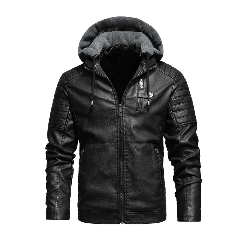 メンズ フード付きコート 厚手 暖かい PUジャケット ジッ - Leather Work Jacket With Hood のレビューと価格