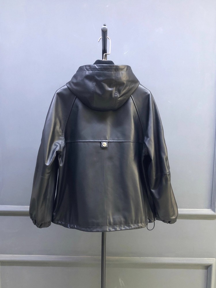 ホット販売秋の女性の天然羊皮フード付きショートジャケットオー - Leather Work Jacket With Hood のレビューと価格