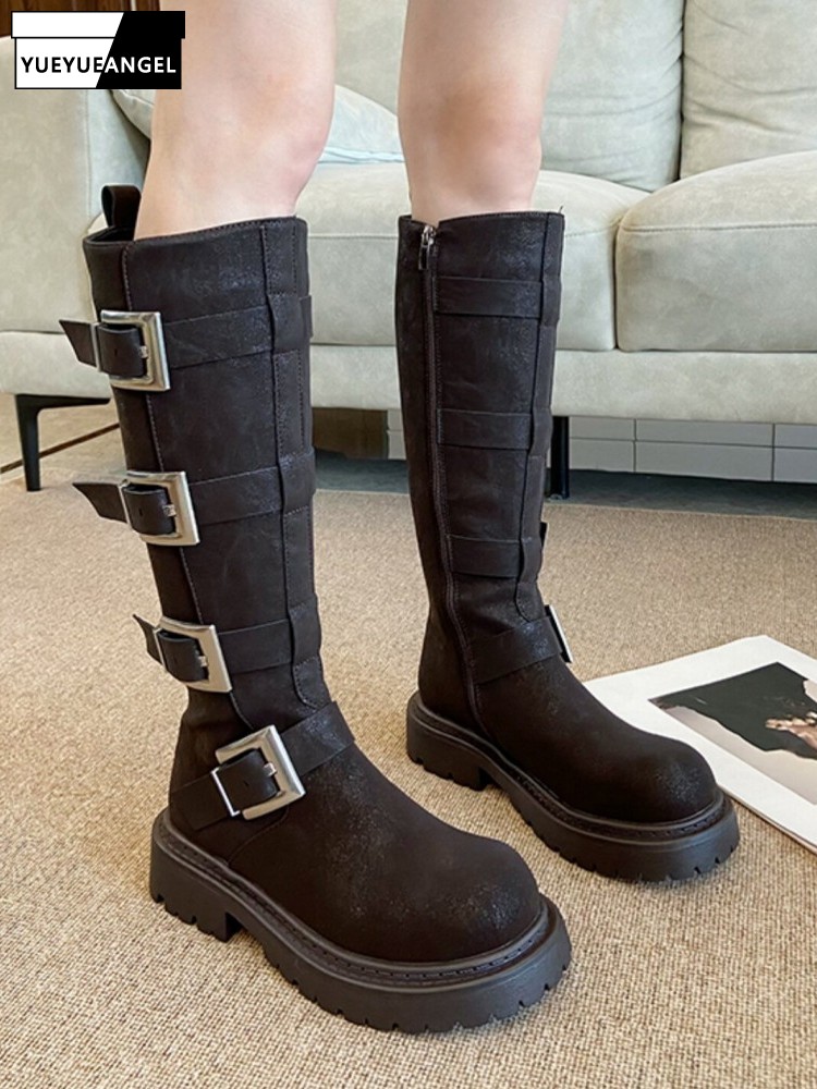 ファッション女性用マルチバックルニーハイブーツ厚底プラットフ - Leather Work Women Shoes のレビューと価格