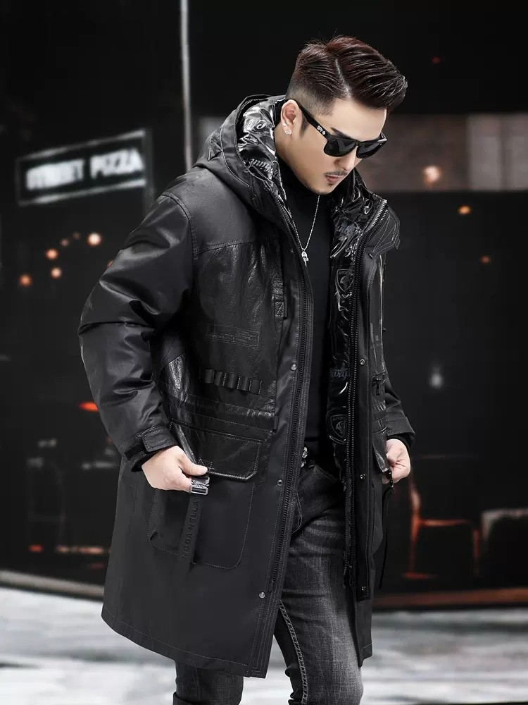 冬の本革コート男性フード付き取り外し可能なダウンライナージャ - Leather Work Jacket With Hood のレビューと価格