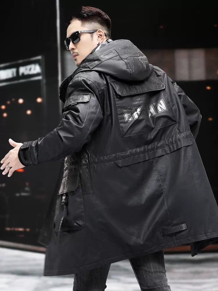 冬の本革コート男性フード付き取り外し可能なダウンライナージャ - Leather Work Jacket With Hood のレビューと価格