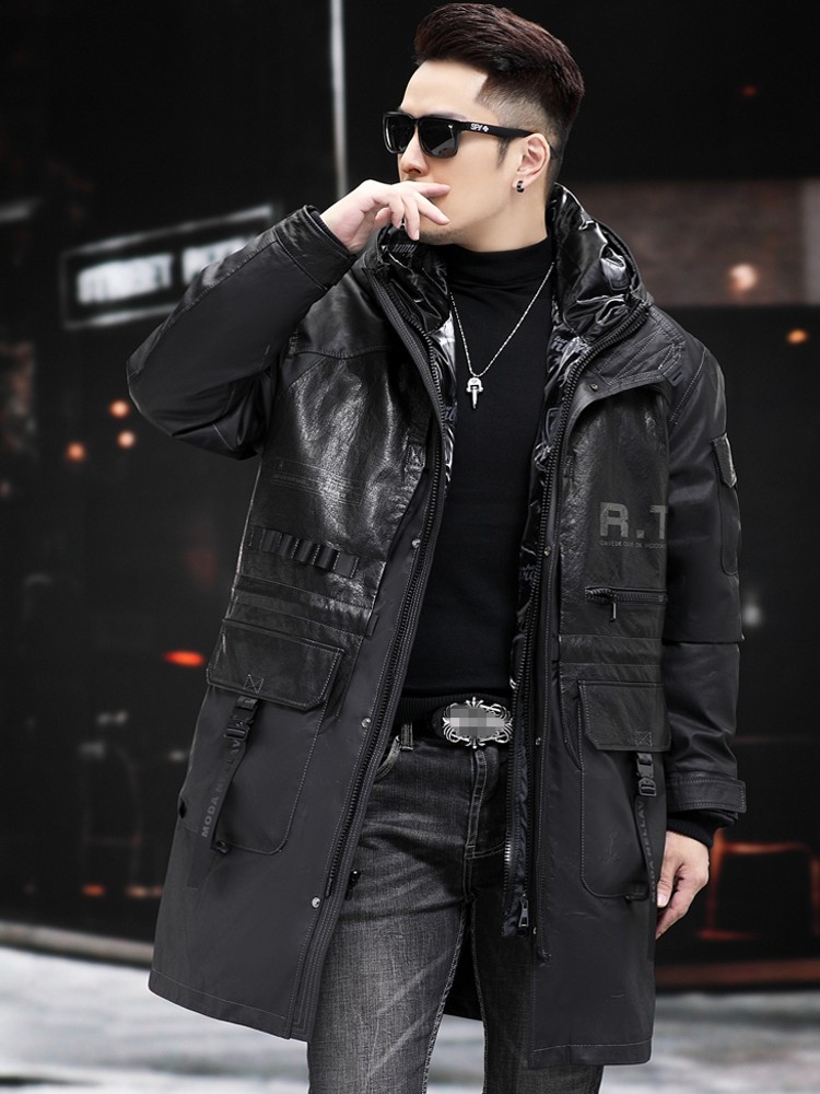 冬の本革コート男性フード付き取り外し可能なダウンライナージャ - Leather Work Jacket With Hood のレビューと価格